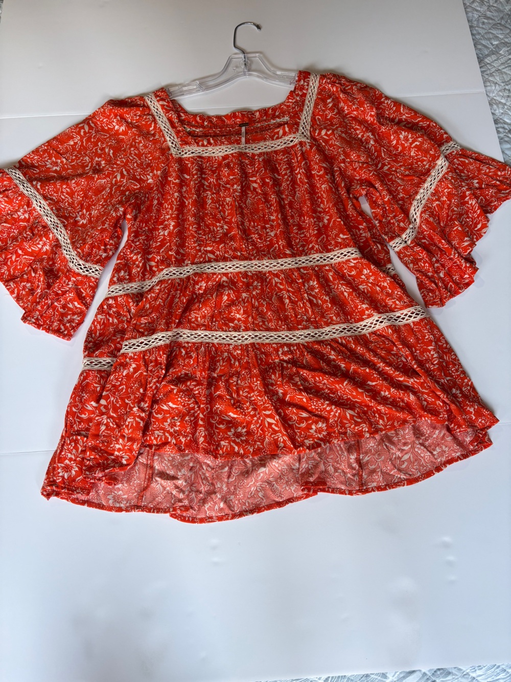Free People Red Cream Floral Tiered Crochet Trim Bell Sleeve Mini Dress - Small